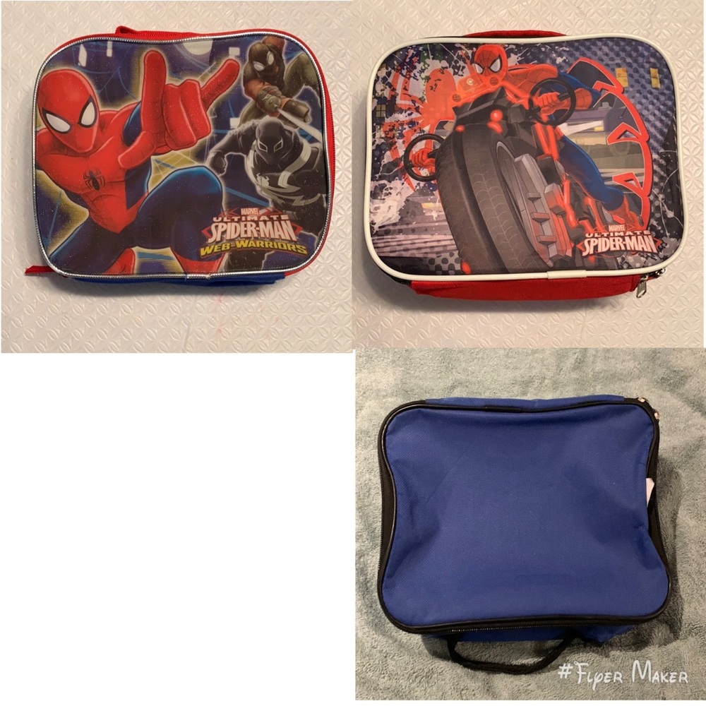 ✏️🆓 3 Lunch Bags - 2 Marvel Spider-Man & Blue Lunch Bag